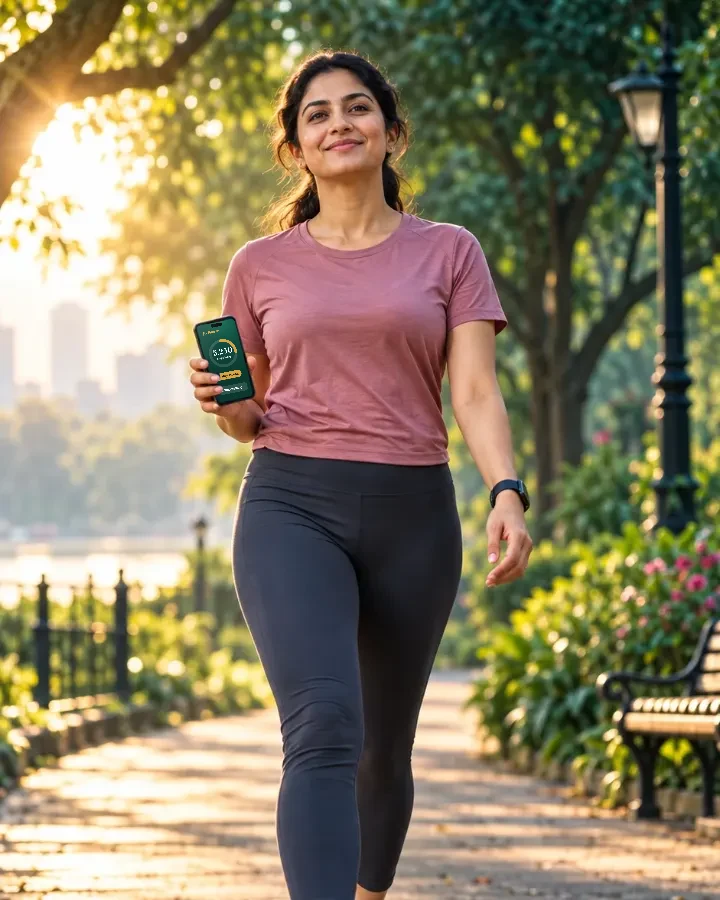 A woman walking in a park, holding her phone showing the Fiteran app with 5,240 steps today