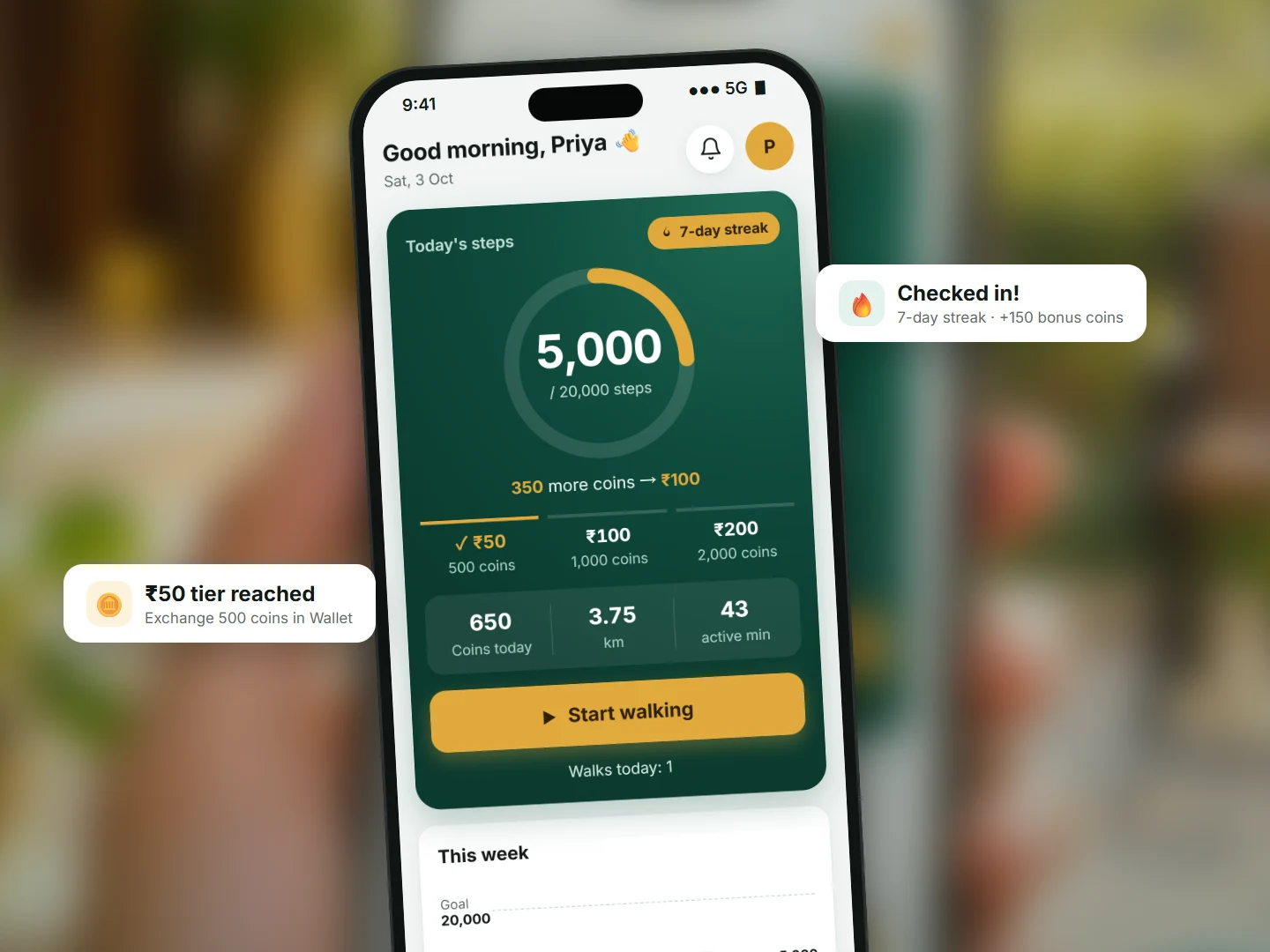 The Fiteran app home screen: 5,000 steps and 650 coins today, the ₹50 tier reached and a 7-day check-in bonus of 150 coins